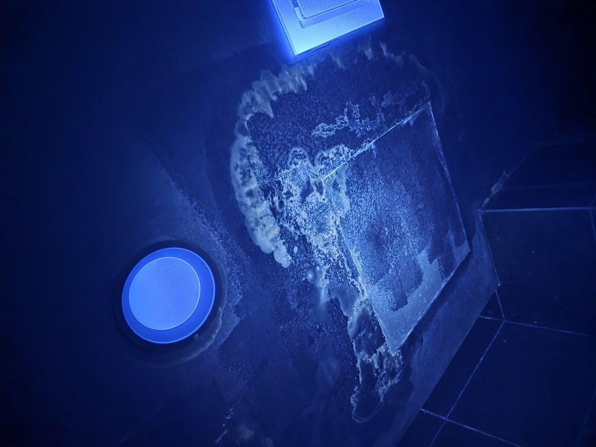 A wet-area fixture in the Mont Kiara unit under ultraviolet light, heavy fluorescing surface contamination
