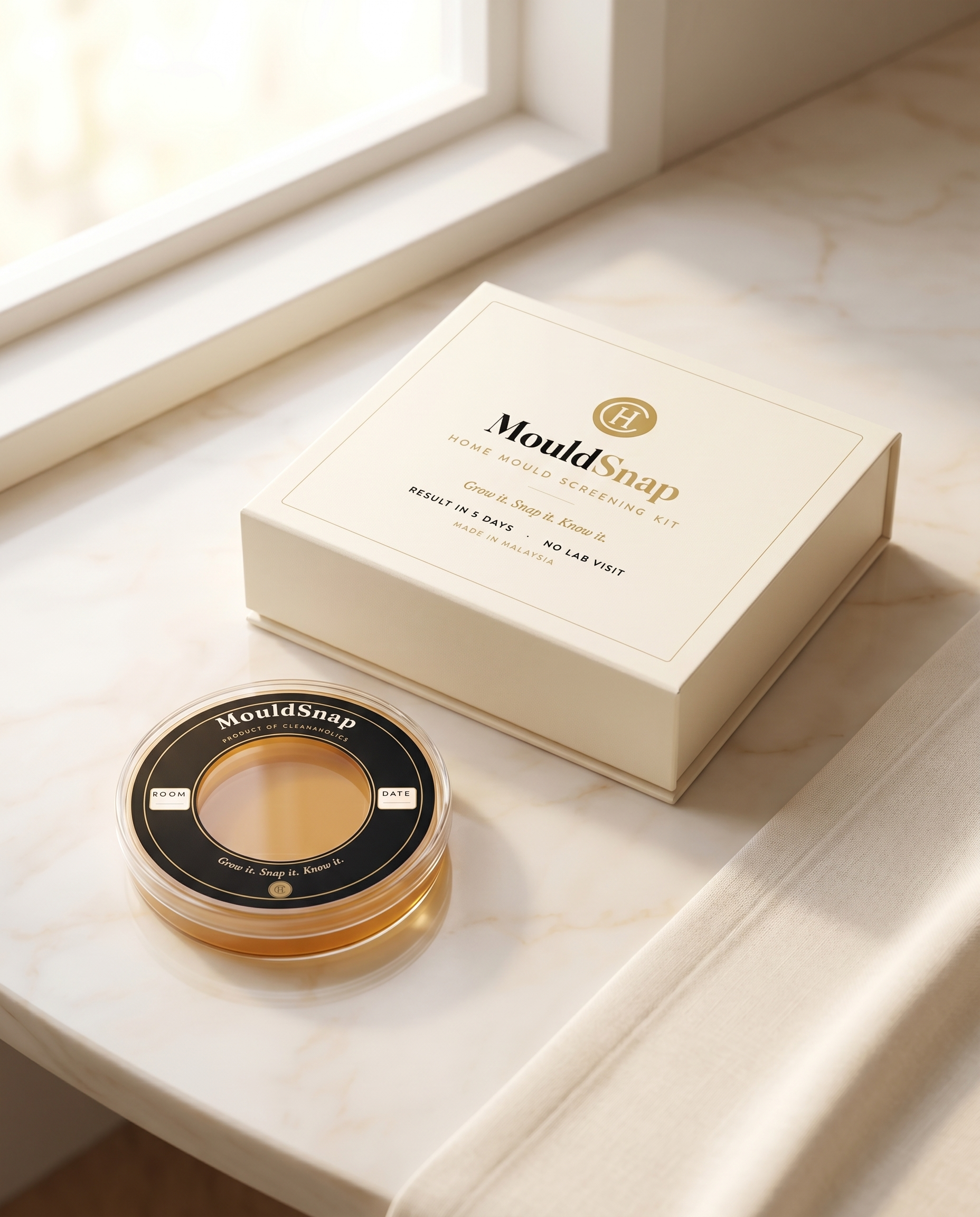MouldSnap kit box with the test dish